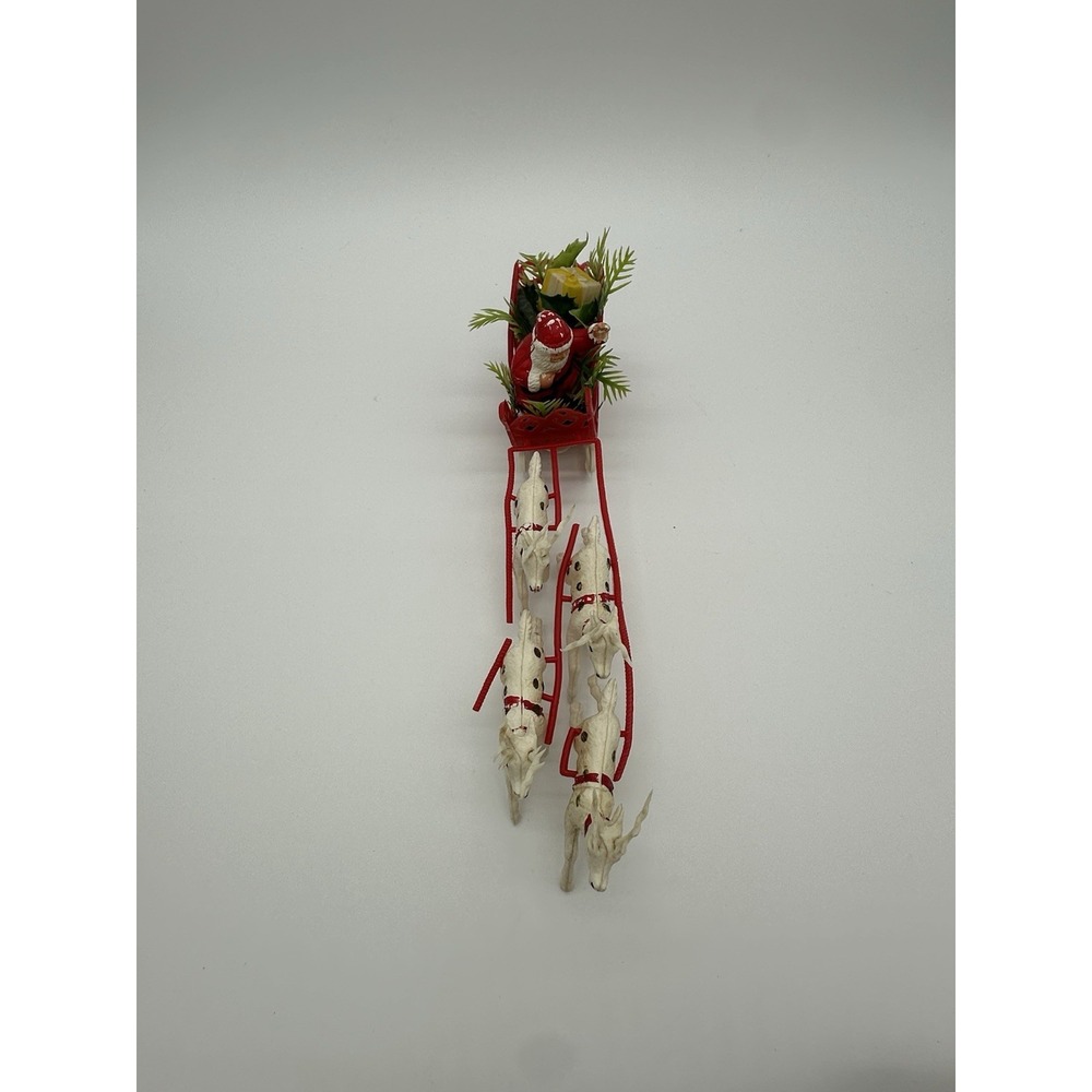 Vintage Plastic Santa Claus Red Sleigh 4 White Reindeer Christmas Tabletop Decor - Picture 8 of 10